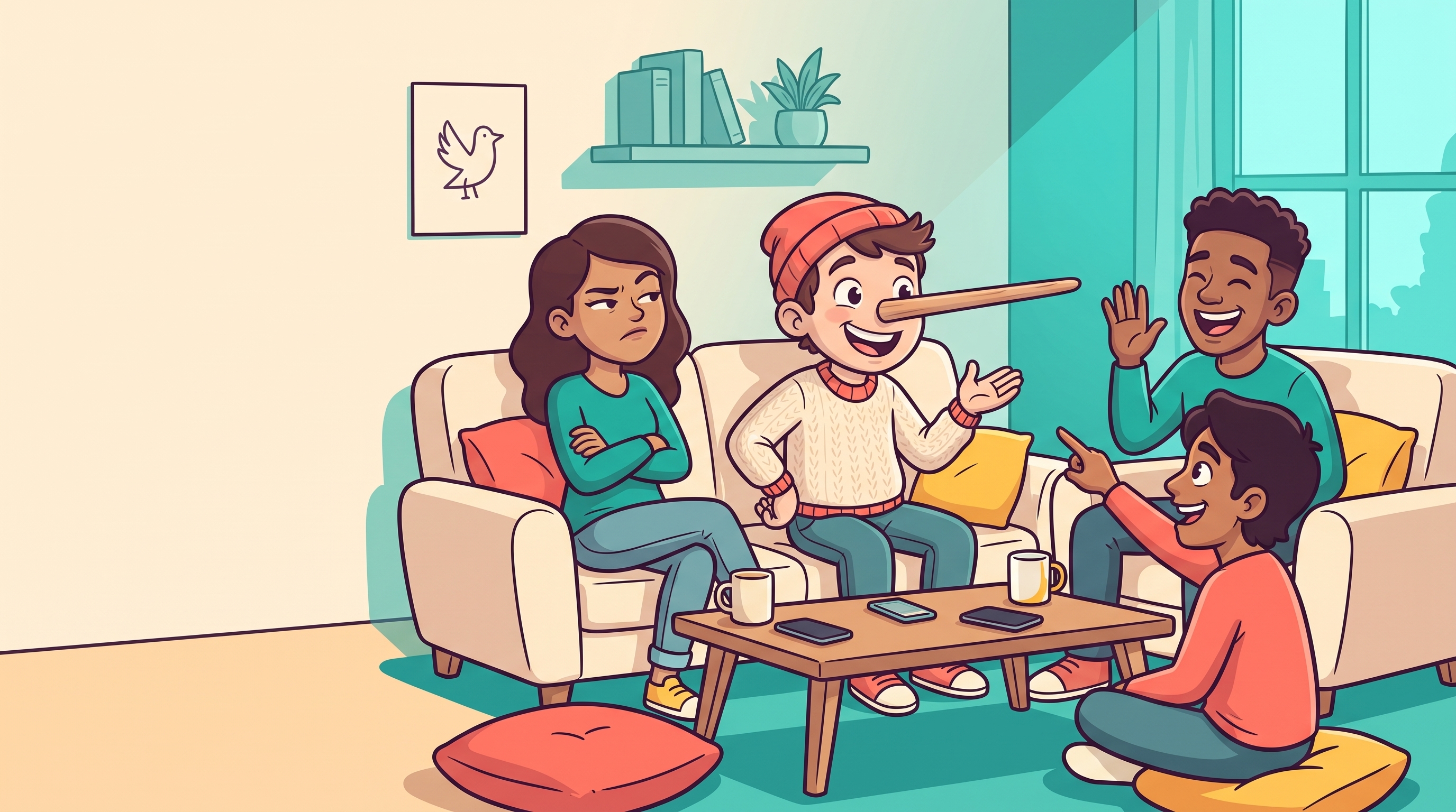 Friends at a cosy game night on a sofa: one player spins a tall tale, nose stretched comically long, while the others react — one arms-crossed and doubtful, one laughing, one pointing — over a low table of phones and mugs