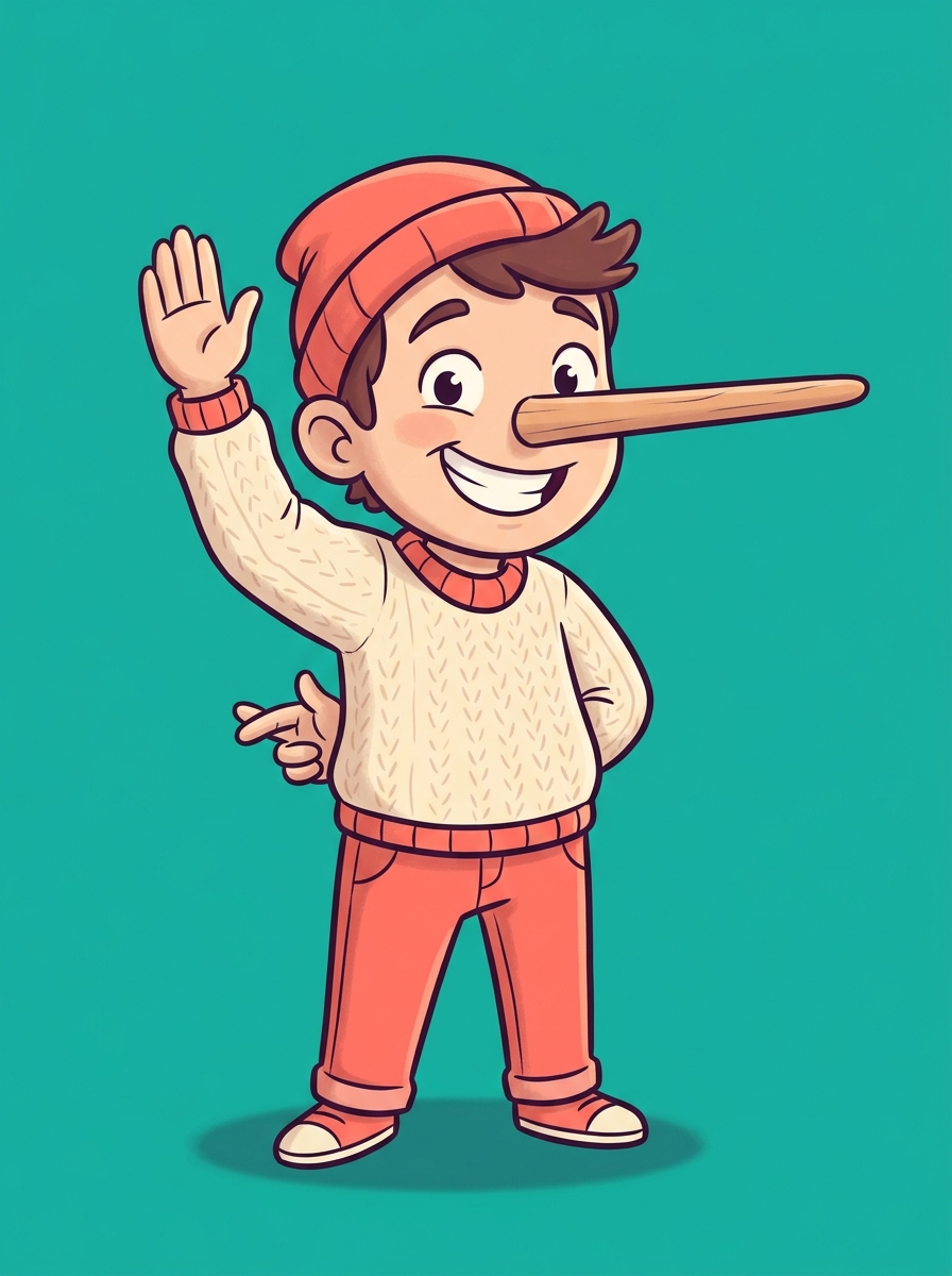 A grinning cartoon character with a comically long striped nose, one hand raised in a vow and the other crossing its fingers behind its back