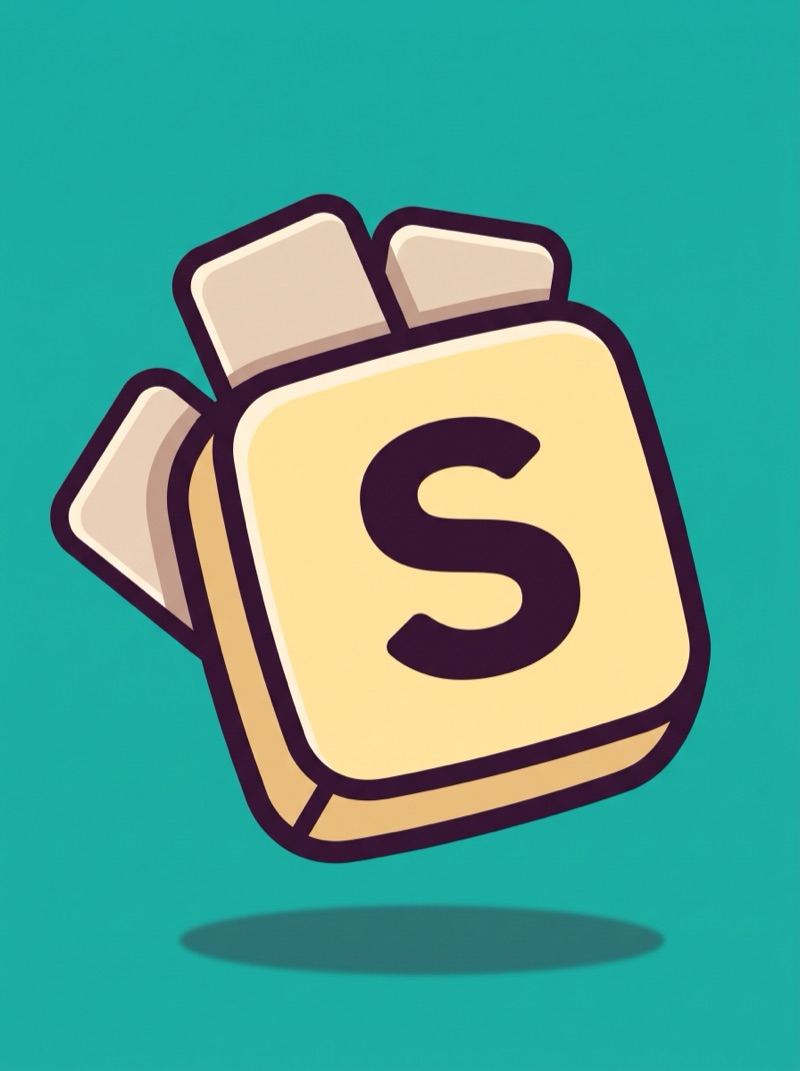 An oversized game-show letter tile with a bold letter S, blank cards tucked behind it