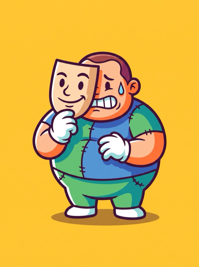 A nervous cartoon character holding a confidently smiling paper mask just off their own face