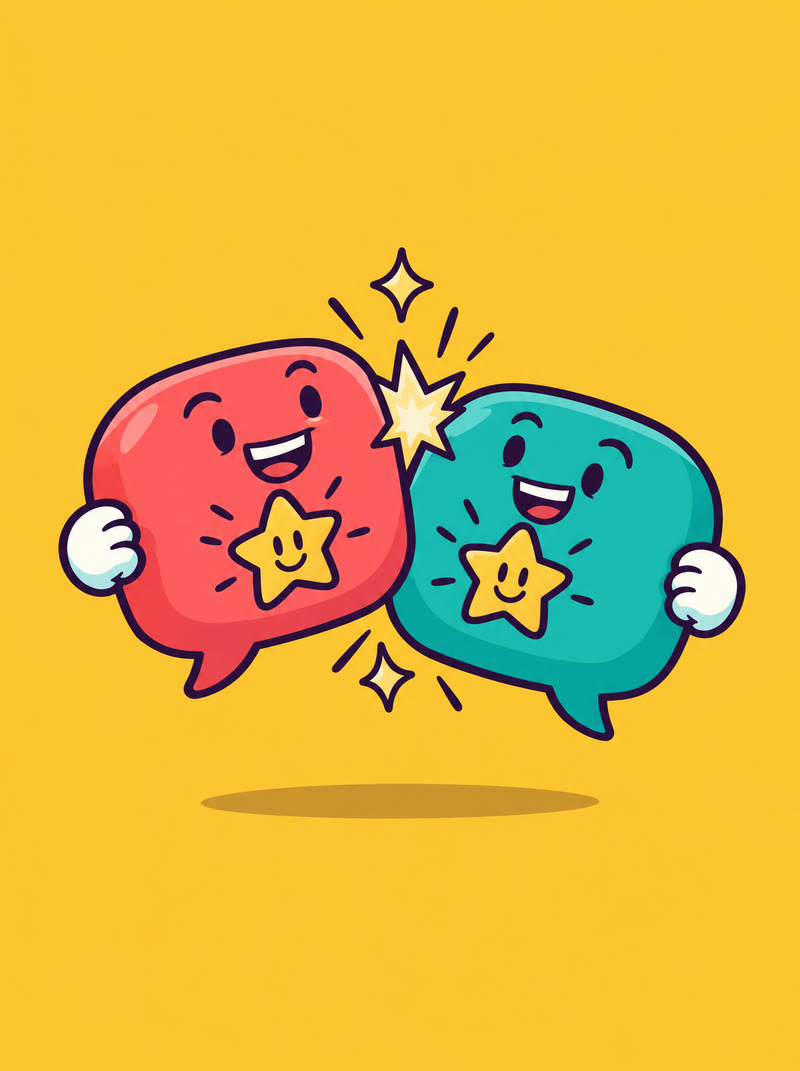 Two cartoon speech bubbles, one coral and one teal, bumping together, each holding the same smiling star