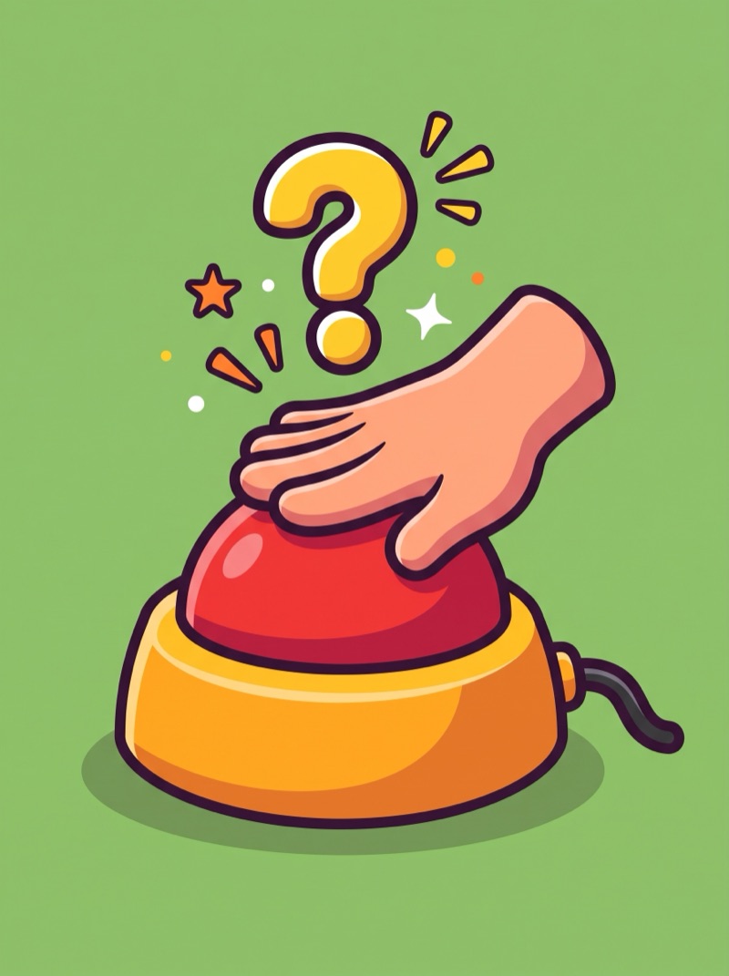 A cartoon hand slamming a big red quiz buzzer, a question mark popping above it