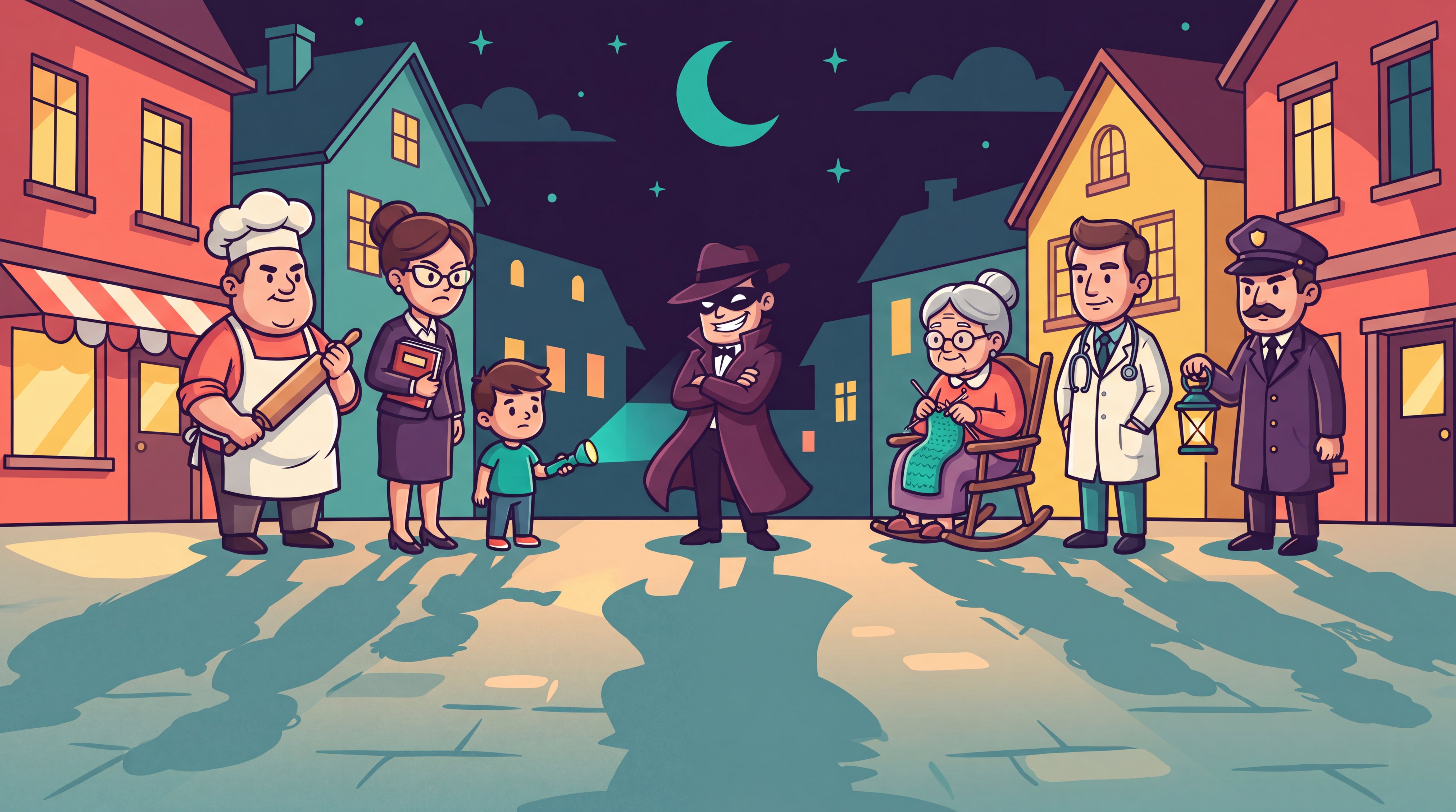 A cartoon town square at night: the townsfolk eyeing each other suspiciously while the masked mafioso grins at the center