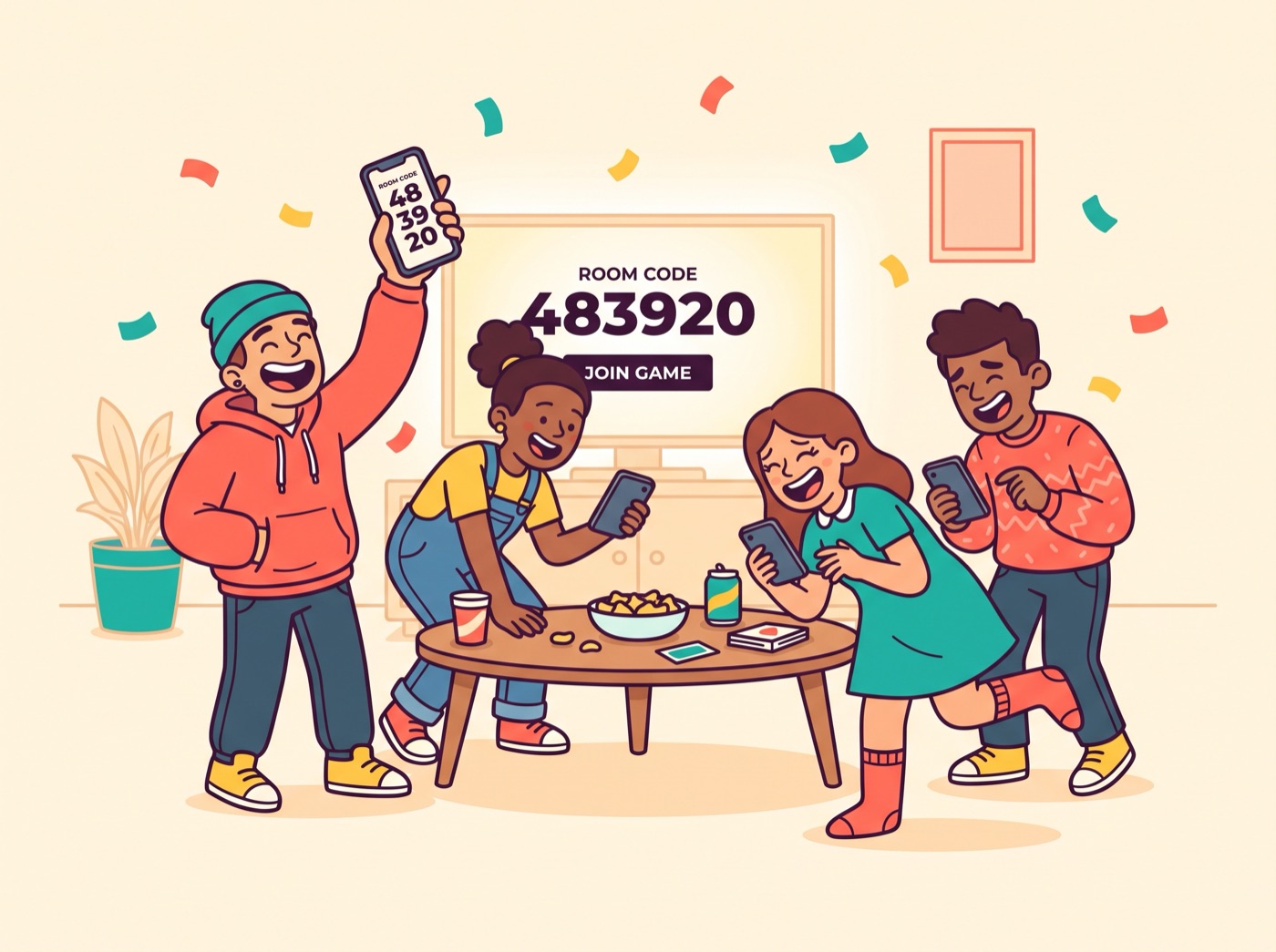 Four friends laughing around a coffee table, phones in hand, the TV behind them showing room code 483920
