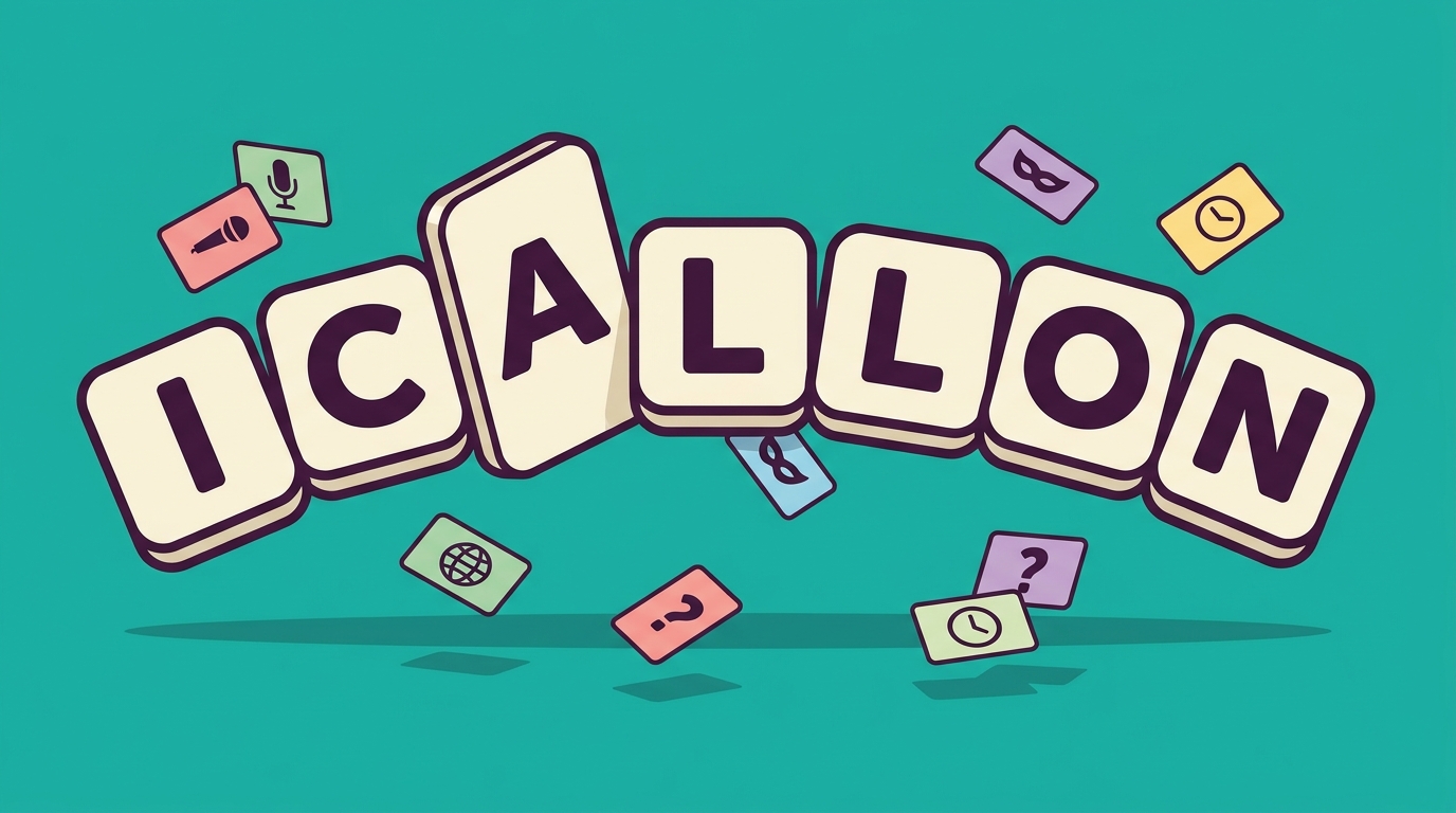Chunky cream game-show letter tiles arcing across a flat teal background to spell ICALLON, with small pastel category cards — a microphone, a mask, a clock, a globe, question marks — scattered around them