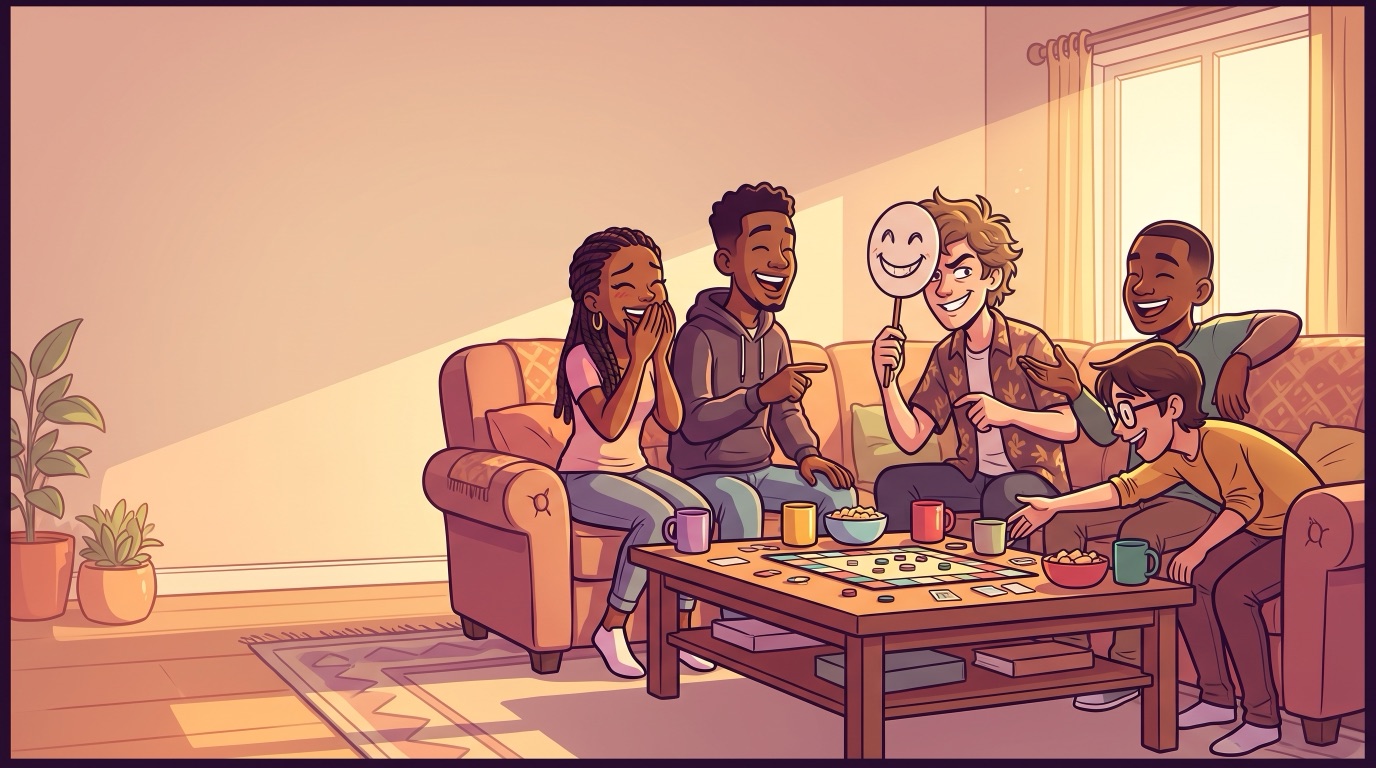 Friends at a game night table; one player lowers a smiling paper mask to blend in with the others