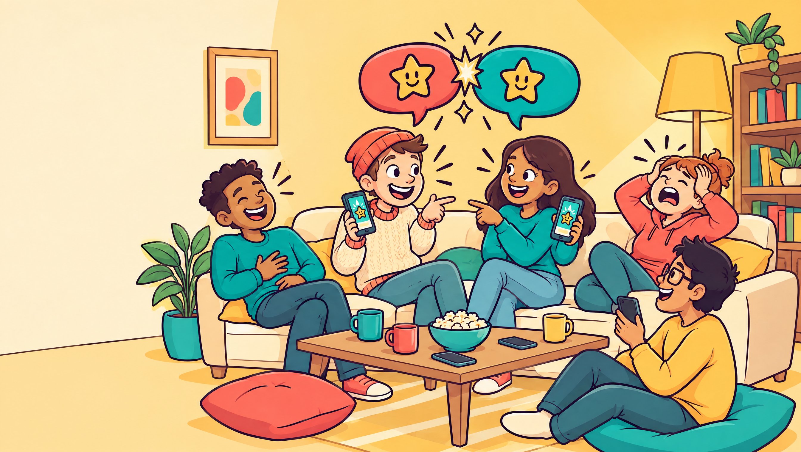 Friends on a sofa at game night. Two of them point at each other, laughing, holding up phones that show the same star, while a coral and a teal speech bubble bump together above them.