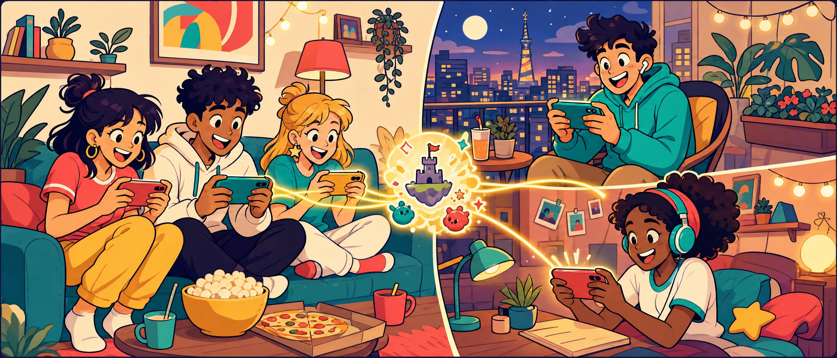 One game night across distance: three friends on a couch with phones, and two remote friends in their own homes at night, all connected by the same game glow