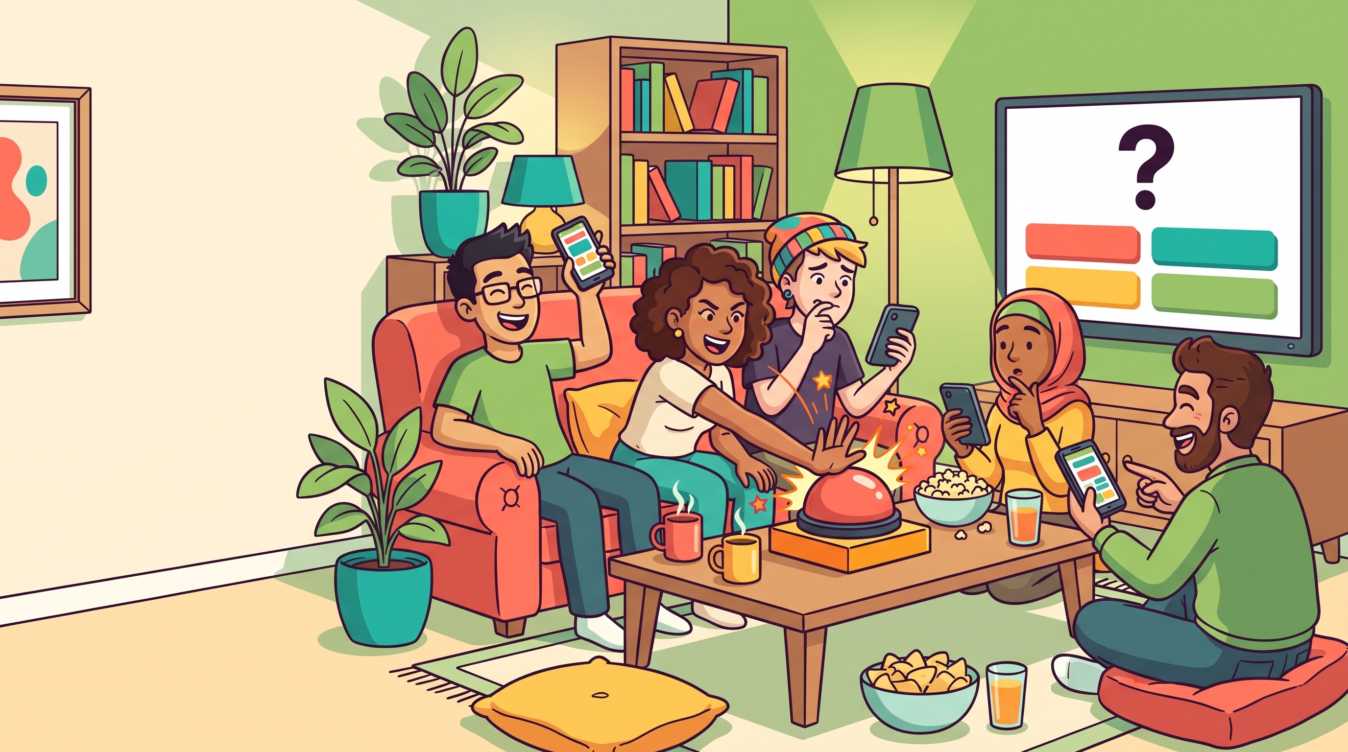 Trivia Night key art. Friends on a sofa lean in with their phones while one slams a big red quiz buzzer, with a question mark on the TV.